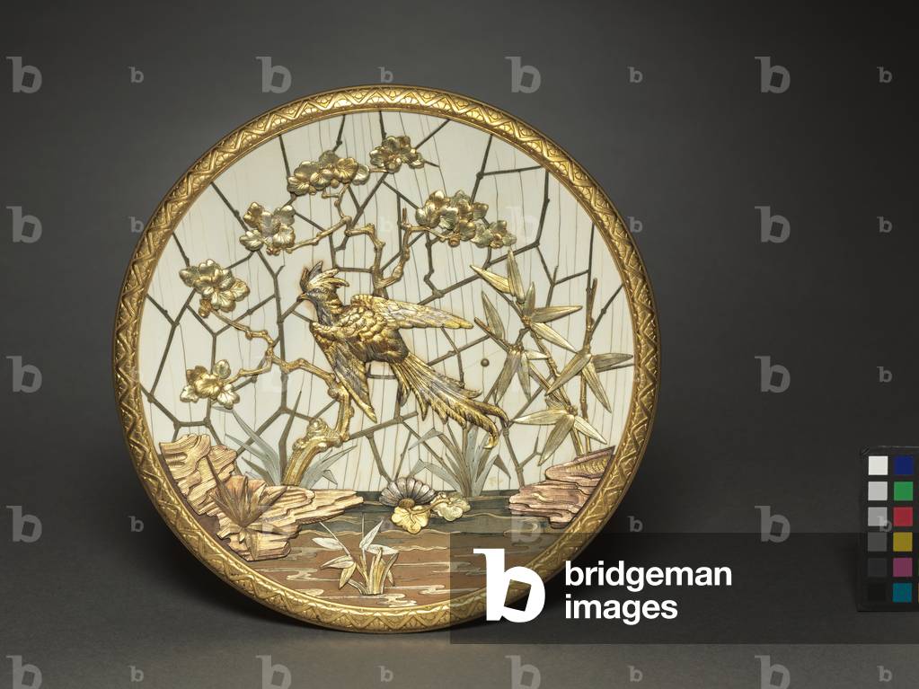 Plaque, made by Firm of Veuve Ferdinand Duvinage, retailed by Alphonse Giroux, c.1880 (metal gilded in several colors of gold, silver-colored metal, ivory, wood)
