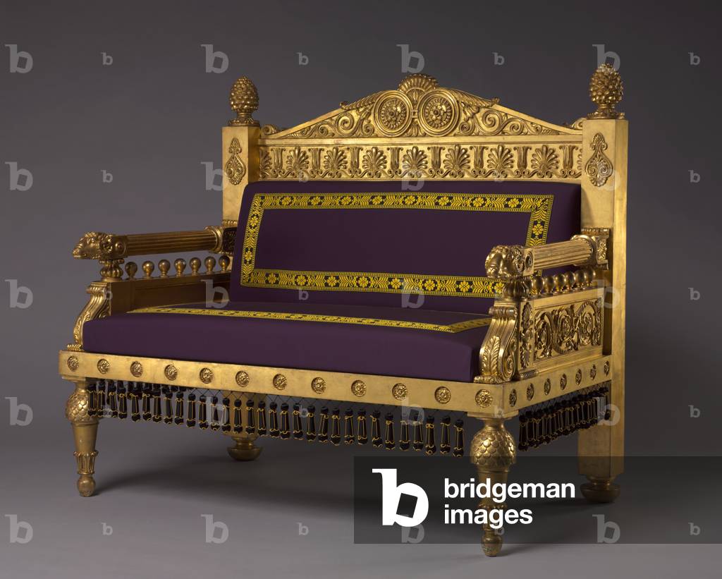 Settee, maker Unknown Maker, c.1802-1807 (gilt-wood, reproduction wool upholstery) 
