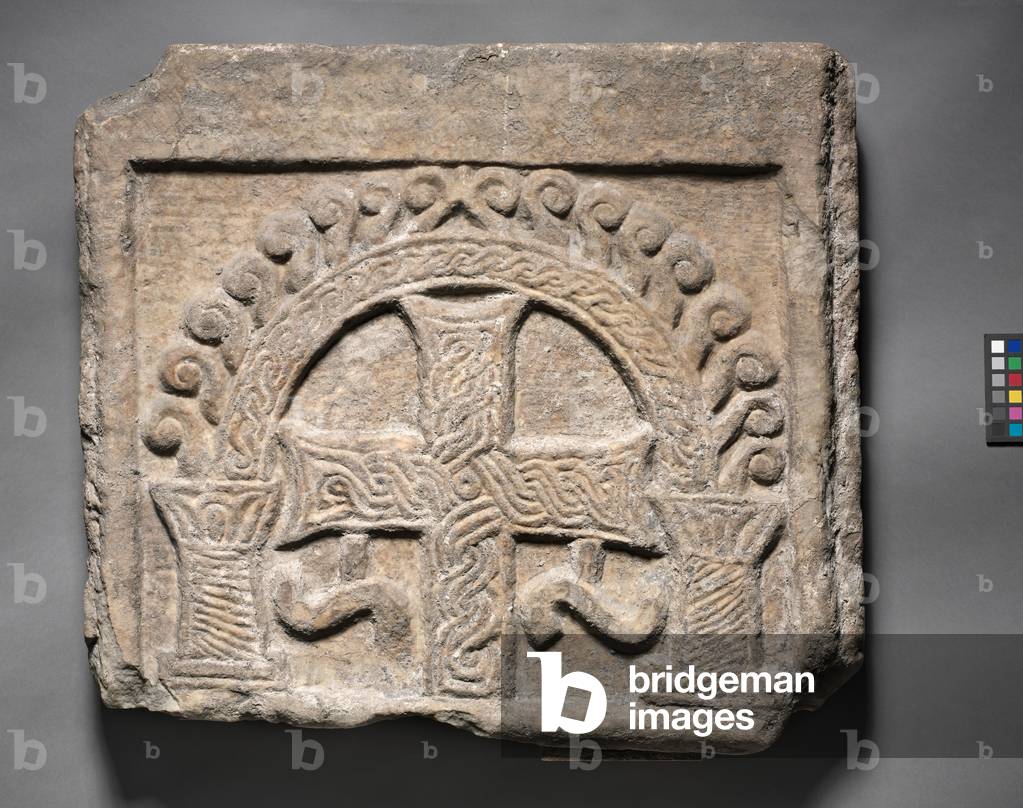 Relief Panel from the End of a Sarcophagus: A Cross Within an Arch, Lombardic, 700s-800s (marble) 