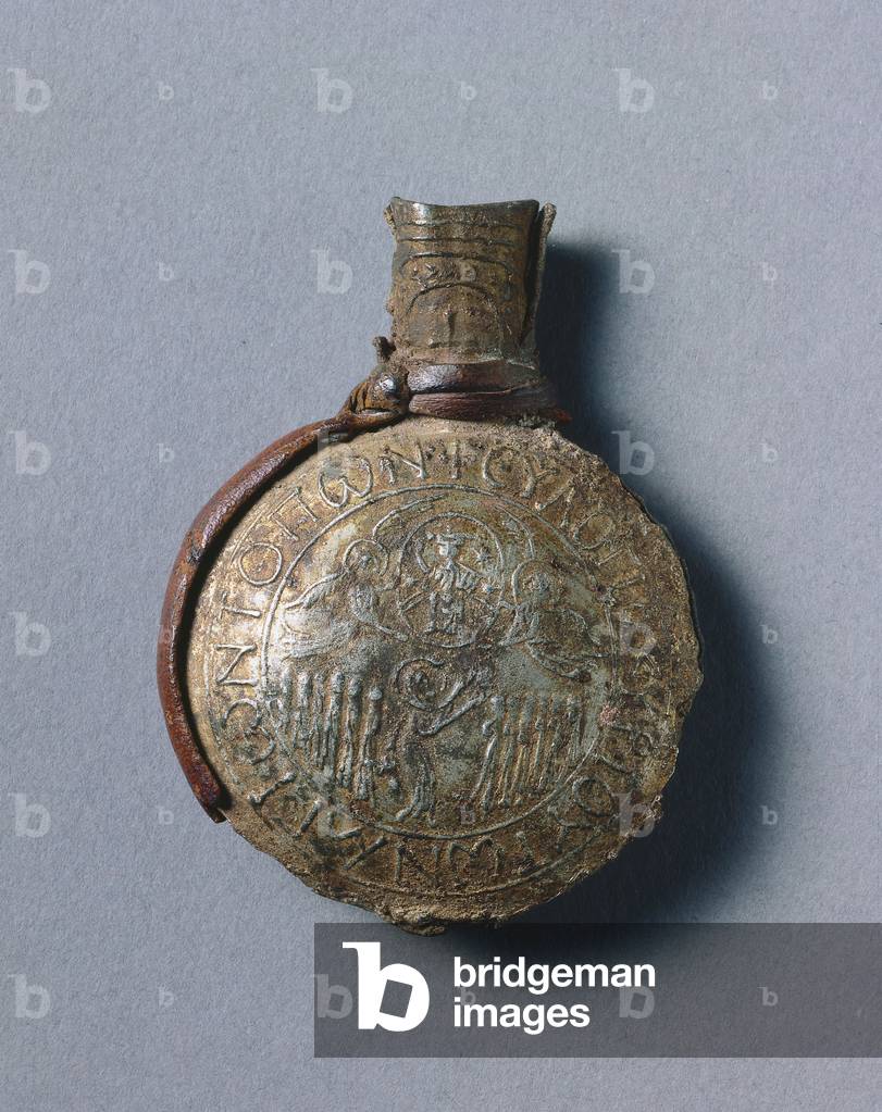 Pilgrim's Ampulla with Scenes of the Crucifixion (front) and the Ascension (back), c.600 (tin-lead alloy with leather fragments)
