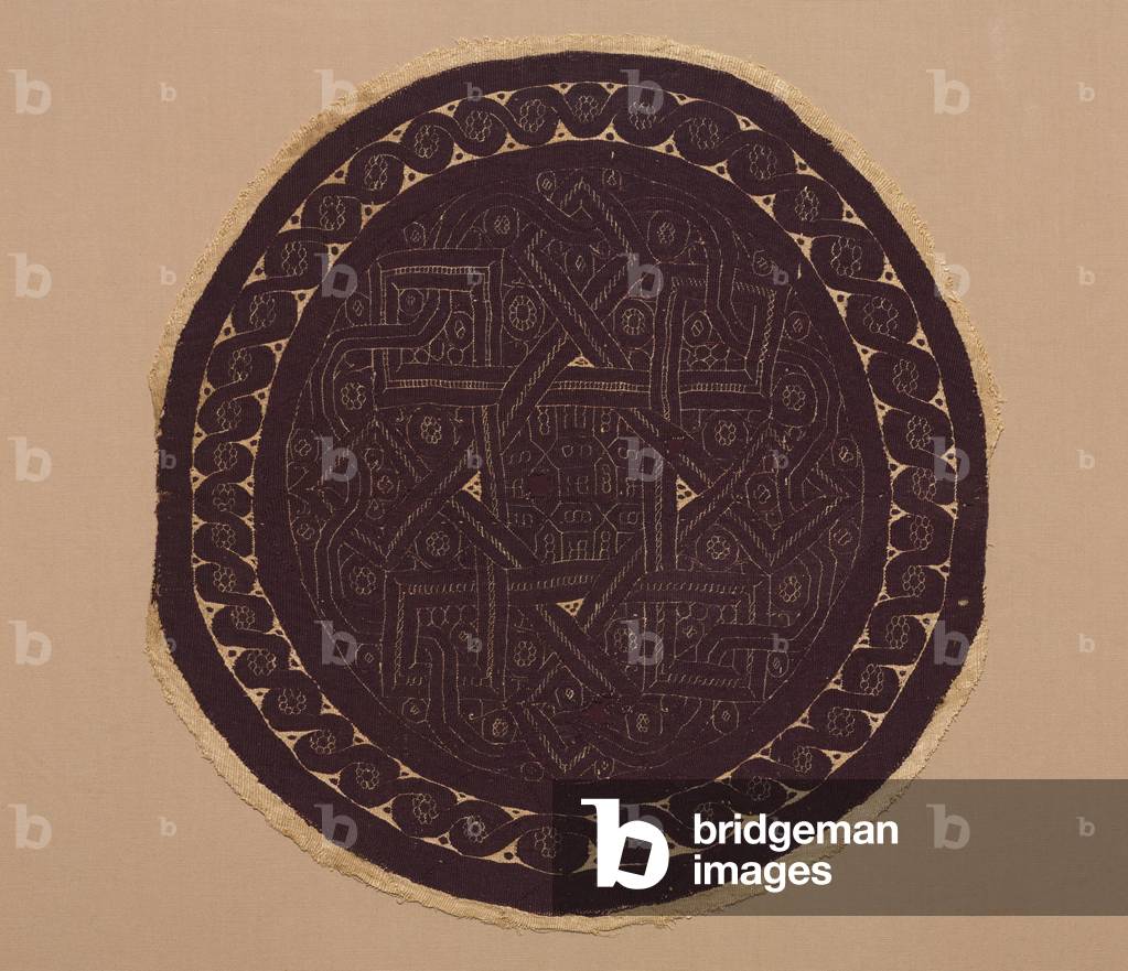 Roundel from a Curtain, 300s (plain weave ground with tapestry weave & supplementary weft wrapping, un-dyed linen & dyed wool) 