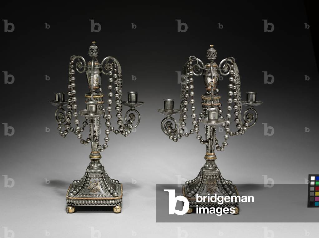 Pair of Candelabrum, c.1790-1795 (cut and polished steel with gold and silvered decoration) 
