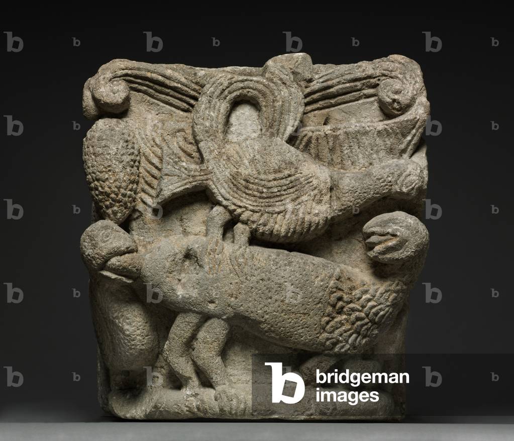 Engaged Capital with a Fantastic Creature and Three Birds, early 1100s (limestone)