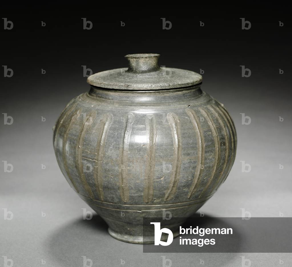 Pot with Cover, 100s (tan ware with grey and some brown burnished slip) 