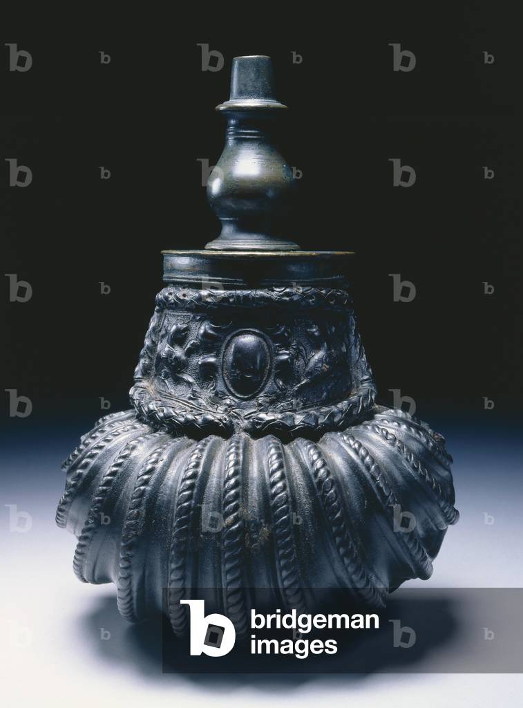 Powder Flask, c.1560-1570 (leather (cuir bouilli) with embossed and fluted decoration; brass funnel) 