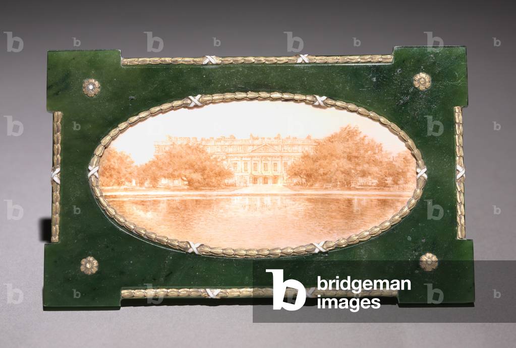 Framed Miniature of Hampton Court, firm of Peter Carl Fabergé (1846-1920), 1903-10 (jade, gold, enamel, ivory)