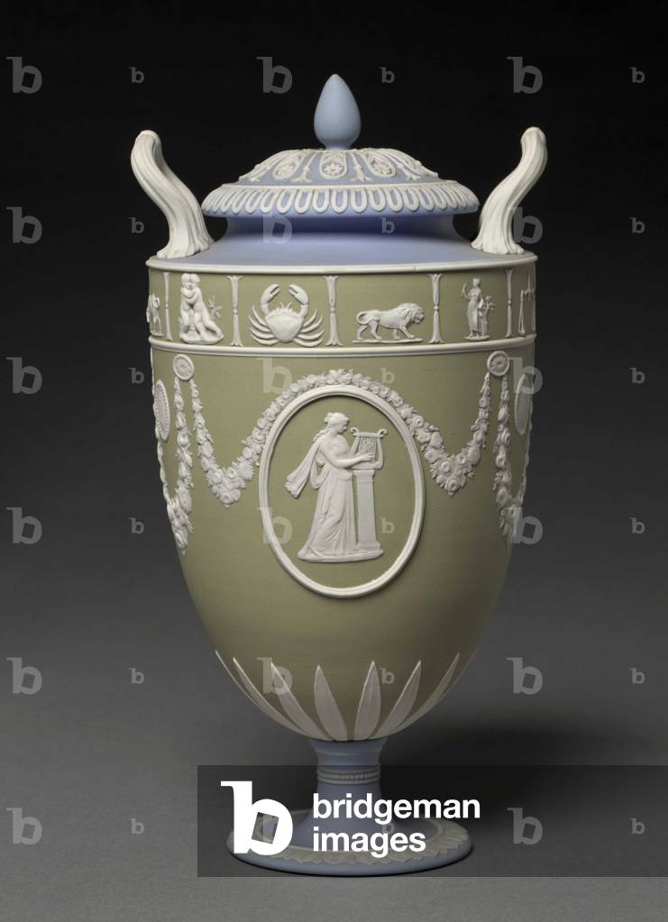 Covered Urn, made by Wedgwood Factory, c.1900 (jasper ware with relief decoration) 
