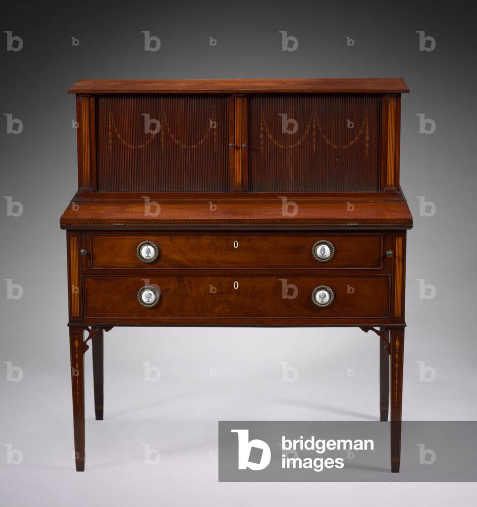 Tambour Desk, c.1800 (mahogany, brass and enamel pulls)