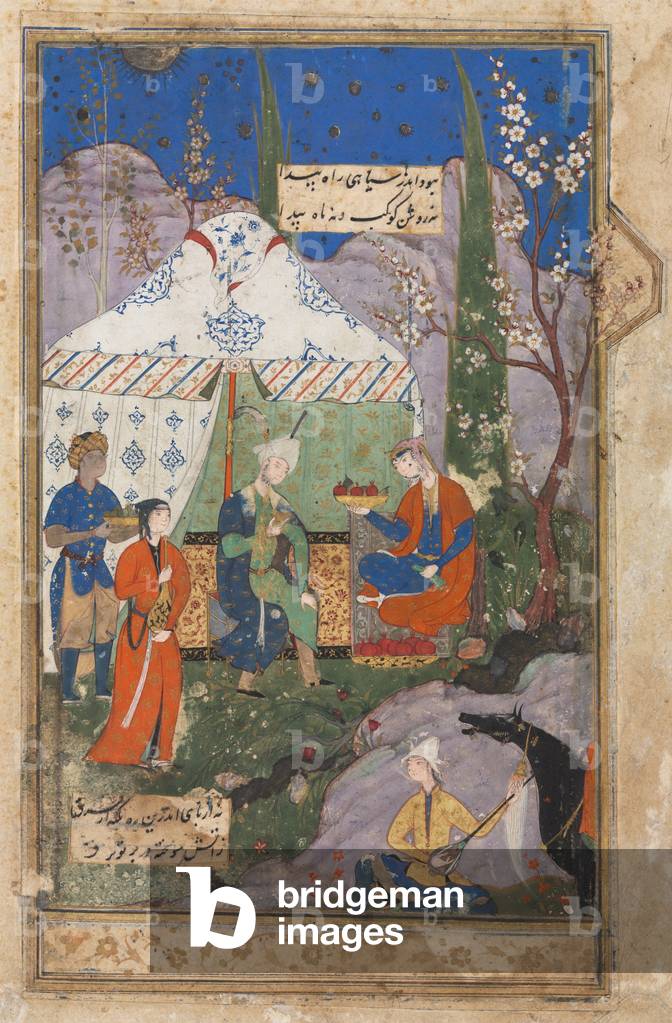 Banqueting Scene with Khusrau and Shirin (verso), from a Khamsa (Quintet) of Nizami (1141-1209); Persian verses (recto) from a Haft Awrang (Seven Thrones) of Jami (d. 1492), 1540-70 (opaque watercolor, gold, silver, and ink on paper; double-sided)