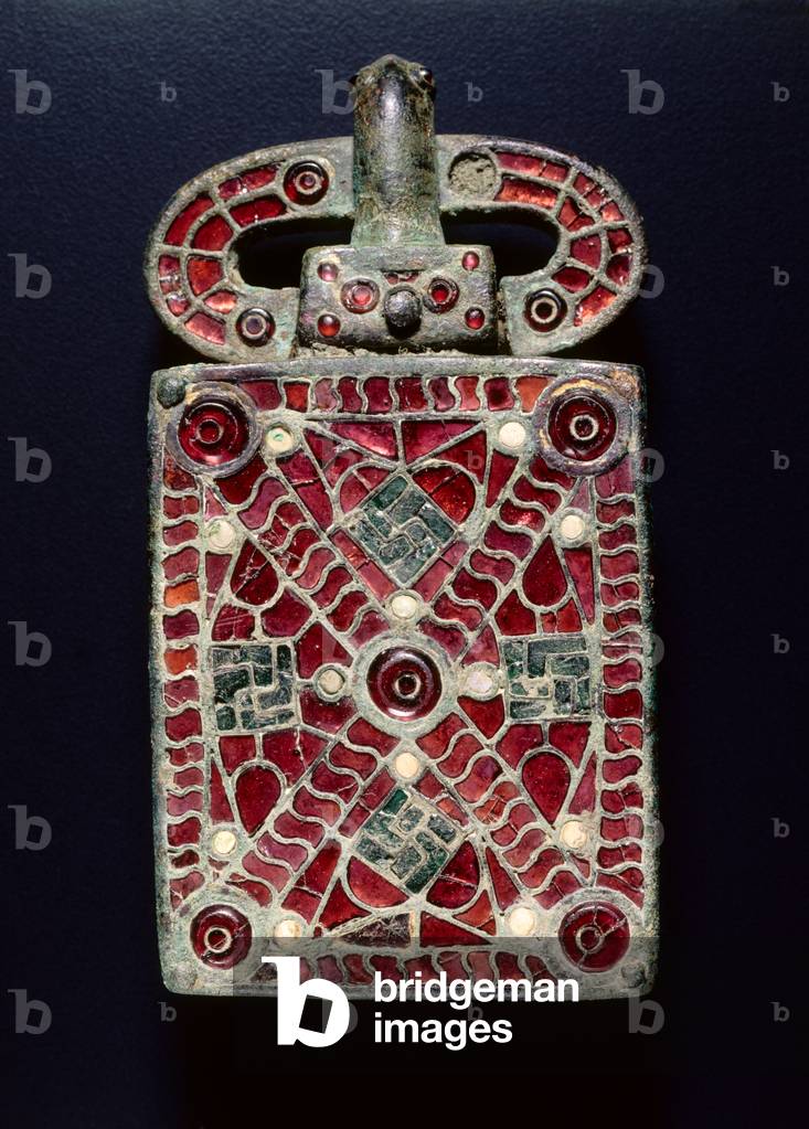 Belt Buckle, c.525-560 (bronze with garnets, glass, mother of pearl, gold foil, traces of gilding; bronze and glass)
