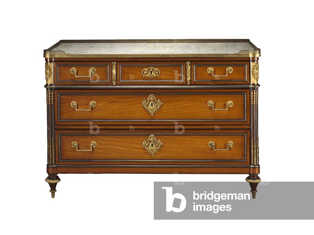 Chest of Drawers, mounts in the style of Pierre Joseph Désiré Gouthière (1732-c.1813), c.1775-1792 (oak, coralwood, mahogany veneer, marble top, gilt bronze mounts) 