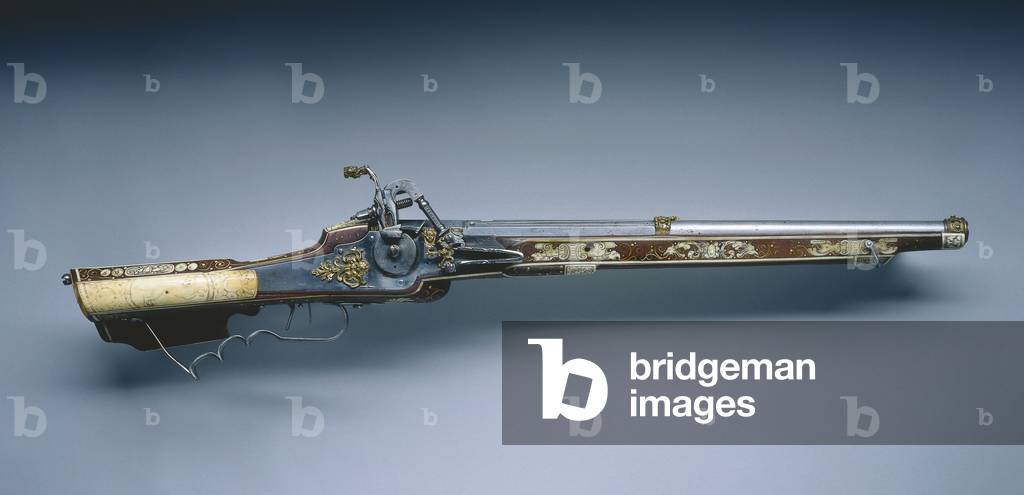Wheel-Lock Rifle, 1618 (steel, brass, walnut stock inlaid with bone, horn & ivory) 
