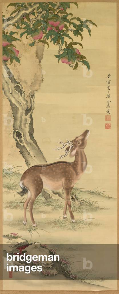 Symbols of Longevity: Deer under Peach and Pine, Pair of hanging scrolls, 1801 (ink and colour on silk with ivory roller ends)