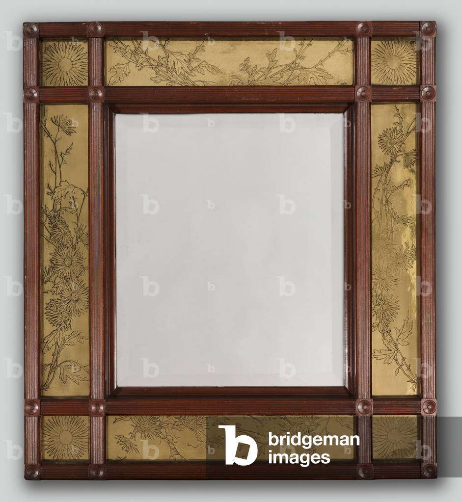 Mirror with Ornamented Frame, 1886 (beveled plate glass framed in walnut, decorated with etched metal plaques) 
