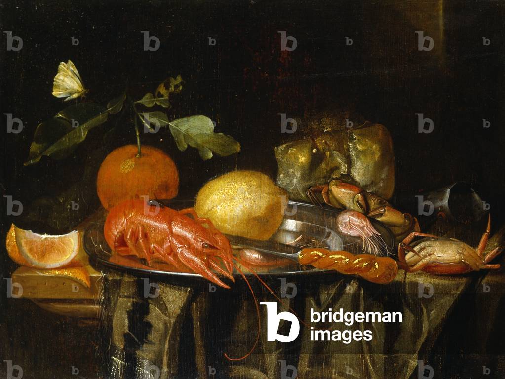 A Crayfish, Prawns and a Lemon on a Pewter Plate on a Draped Table (oil on canvas)
