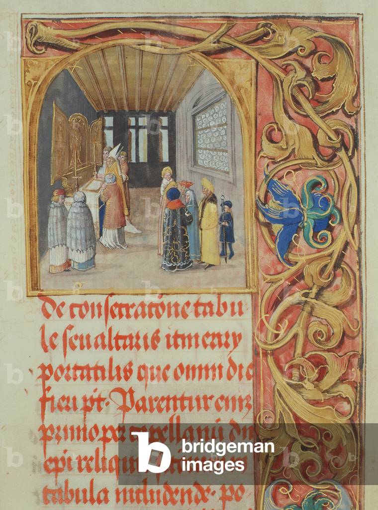 Altar Consecration by the Bishop with the Assistance of Canons and Secular Founders from the 'Pontifical of Bishop Erasmus Ciolek', c.1510 (tempera & gold on parchment)