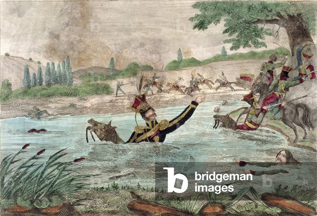 Death of Prince Joseph Poniatowski (1763-1813) in the Elstera River, 1813 (colour litho)