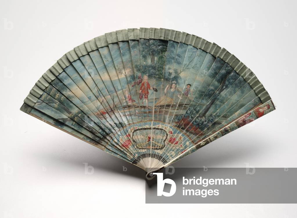 Brisé fan with a scene of two couples in a landscape, c.1700-25 (oil on ivory blades, silk ribbon, mother-of-pearl & paste gem)