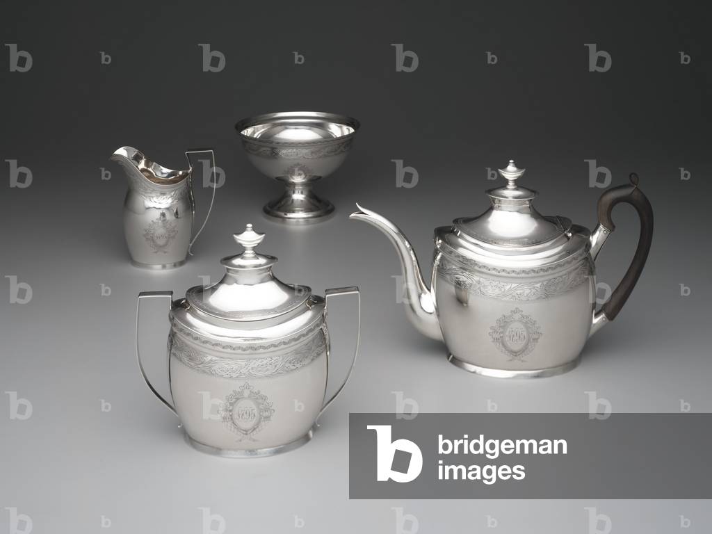 Teapot, creamer, waste bowl and sugar bowl, c.1795 (silver and hardwood)