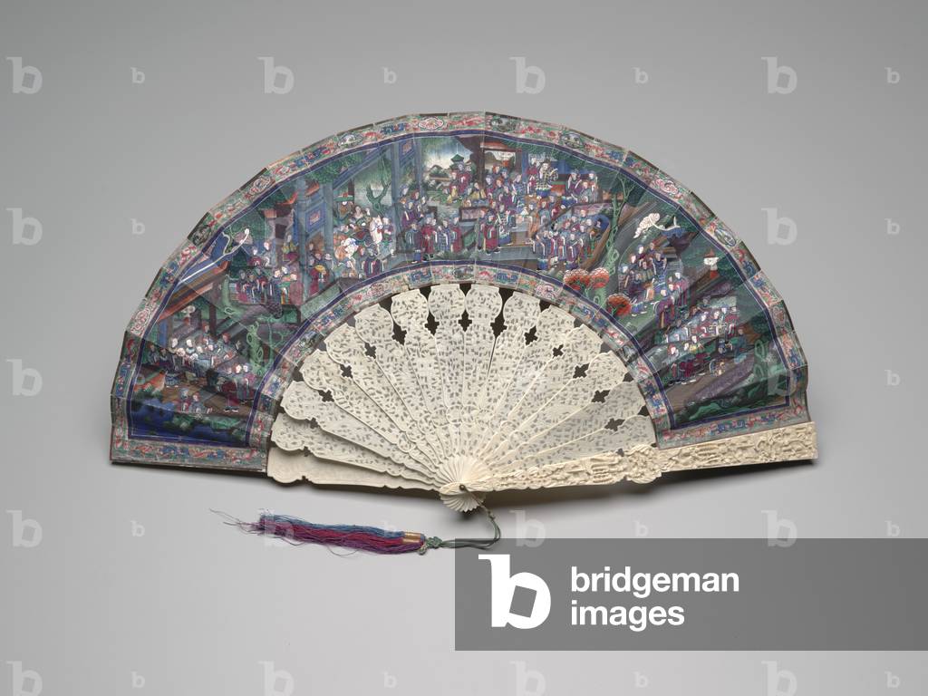 Folding fan with a scene of a Chinese court, 1850s-90s (gouache on double leaf paper, ivory, silk & brass)