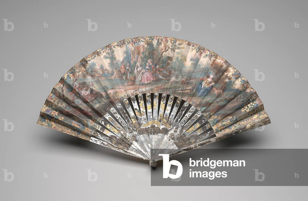 Folding fan with a pastoral scene, c.1740-60 (gouache on double paper leaf, mother-of-pearl, gilding & paste gem)