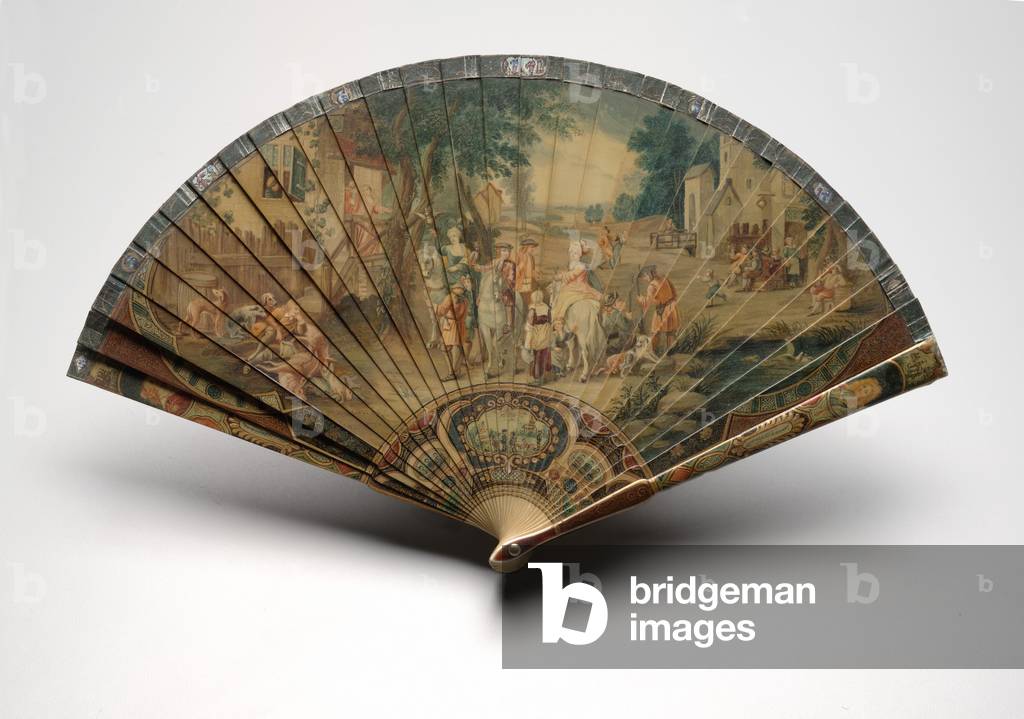 Brisé fan with a hunting scene, c.1880-1900 (oil on celluloid blades, paper ribbon, faux tortoiseshell & brass)