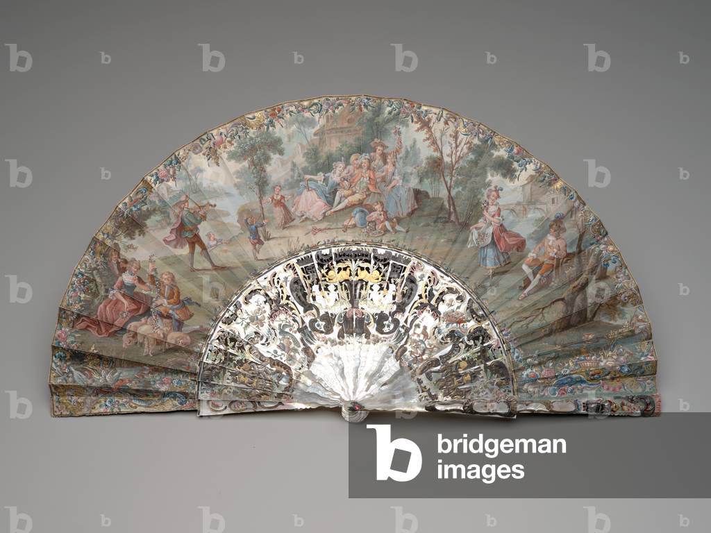 Folding fan with a pastoral scene, c.1740s-50s (gouache on double vellum & paper leaf, mother-of-pearl, gilding, gouache & paste gems)