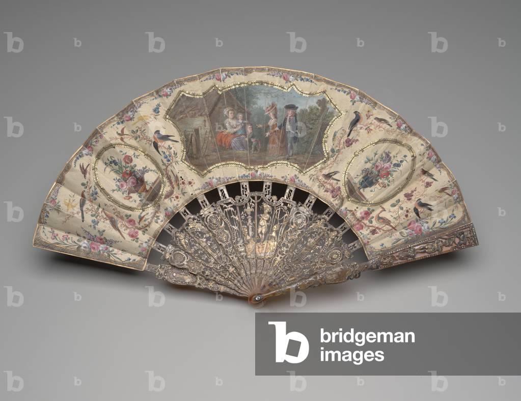 Folding fan with a scene of a visit to the wetnurse, c.1780 (gouache on double silk leaf, brass, metallic thread, tortoiseshell, gilding, mother-of-pearl & paste gems)