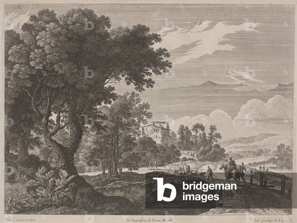 Landscape with Travelers Crossing a Bridge (etching & engraving)