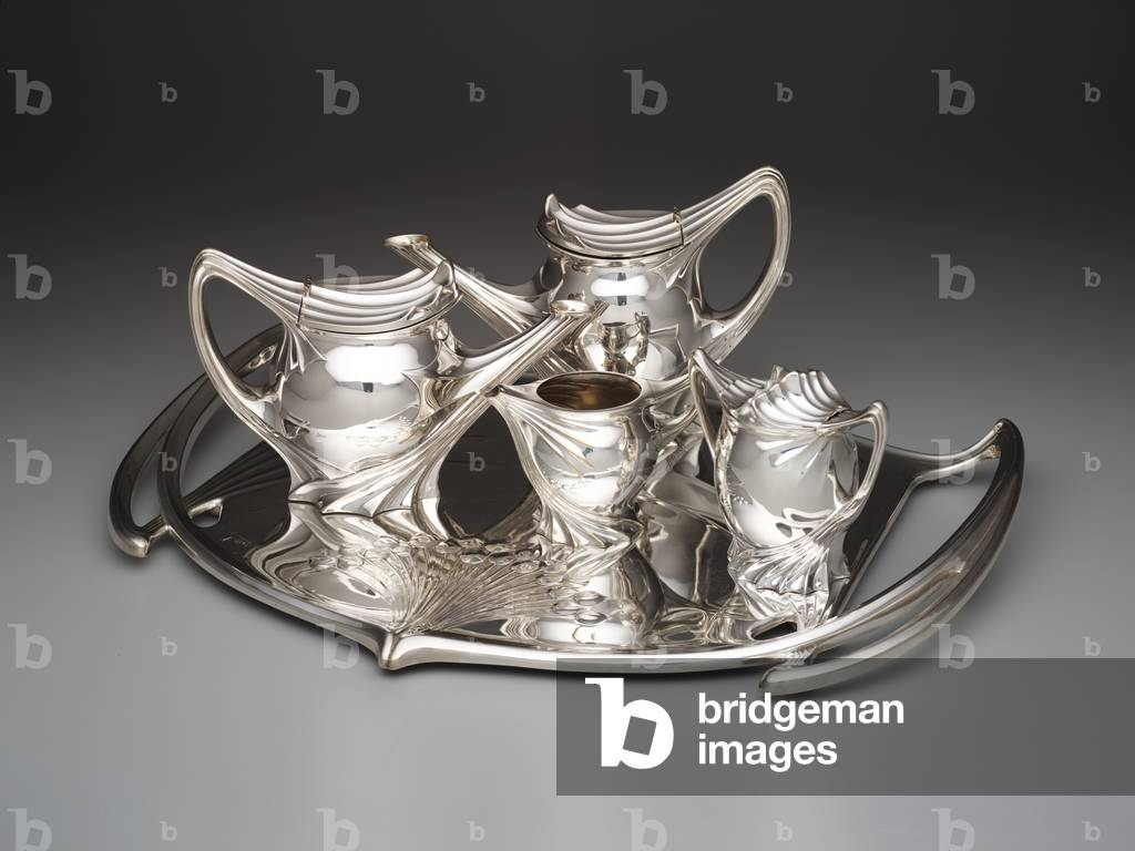 Teapot, Coffee Pot, Creamer, Sugar Bowl and Tray, c.1903-1904 (silverplate)
