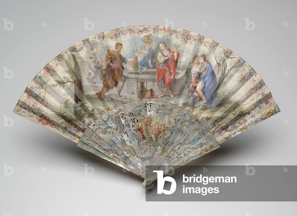 Folding fan with Rebecca and Eliezer at the well, c.1740s (gouache & w/c on single vellum leaf, mother-of-pearl, gilding, gouache & paste gems)
