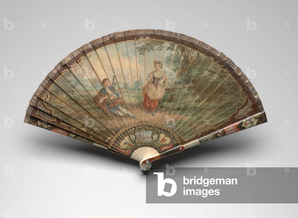 Brisé fan with a scene of a bagpiper and a shepherdess, 1880-1900 (oil on ivory blades, silk ribbon, faux tortoiseshell, and paste gem)