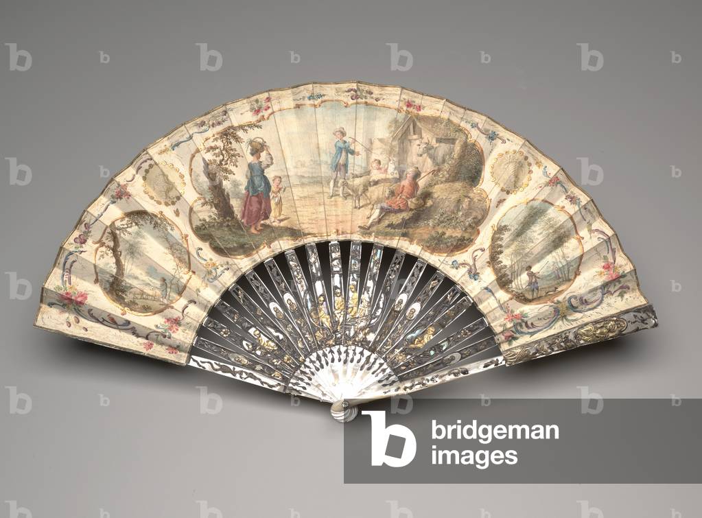 Folding fan with a pastoral scene, c.1770s (gouache & w/c on single vellum leaf, mother-of-pearl, gilding & paste gem)
