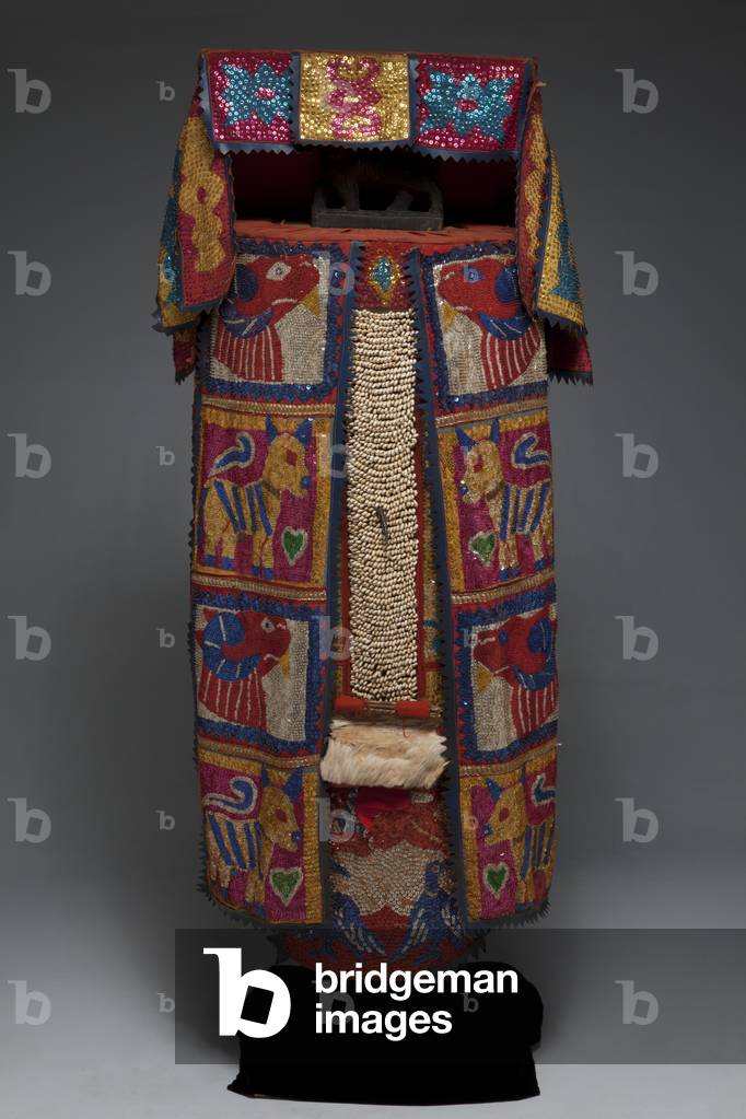 Egungun costume, Late 20th century (cloth, appliqué, wood, cowrie shells, glass beads, animal claw or beak, sequins, animal fur and animal hide, and vinyl)