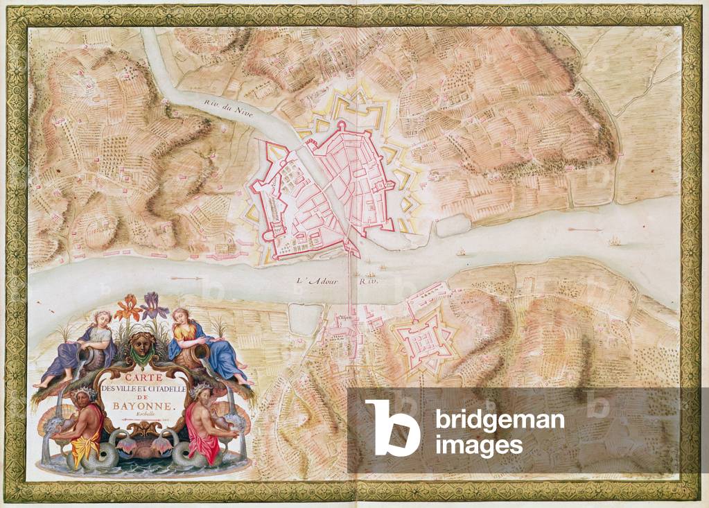 Ms 988 tomo 3 fol.45 Pianta e mappa della città e della cittadella di Bayonne, dall''Atlante Luigi XIV', 1683-