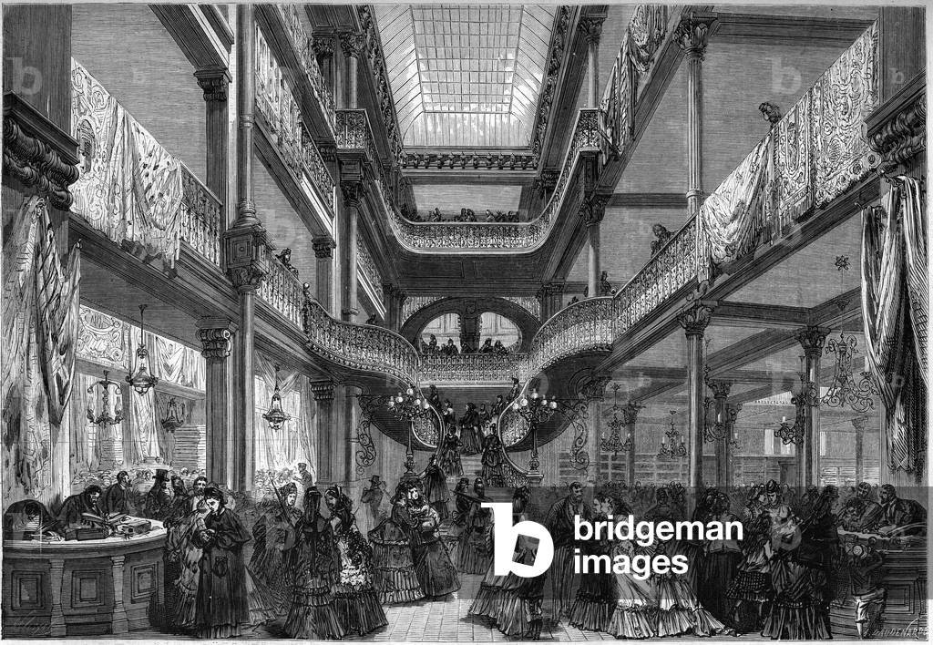 Paris 1872: interior of new shops, “” At cheap””.