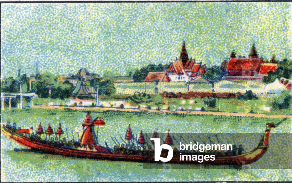Royal canoe on Me Nam in Bangkok in Siam . 1936 (chromo)