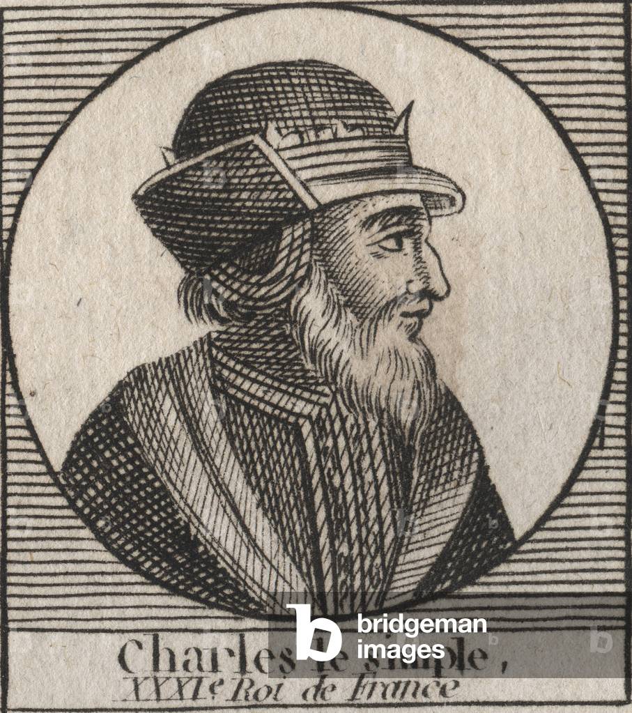 Portrait of Charles III says the Simple (879-929) king of the Francs - CHARLES III (879-929) - Charles the Simple - King of France, 893-923 - engraving from “Instruction sur l'Histoire de France” by Charles Constant Le Tellier 1821