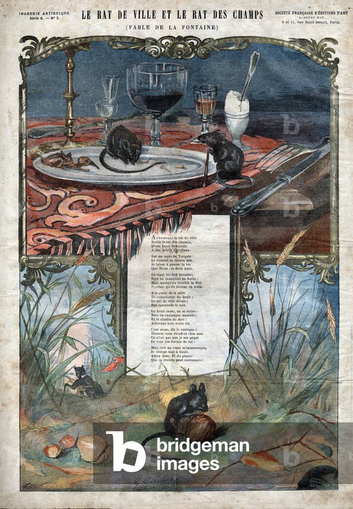 Illustration for Fables by Jean de La Fontaine: The Town Rat and the Field Rat, end of the 19th century (engraving)