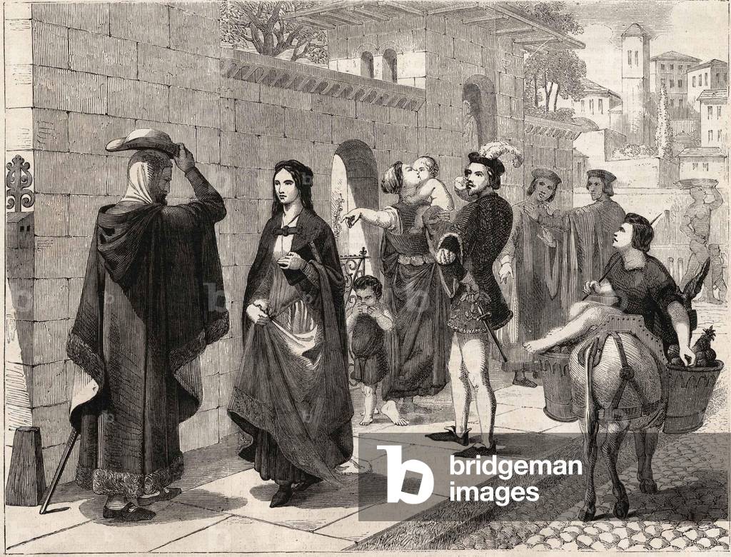 the first meeting of Laure (Laura de Noves, 1308-1348) and Francesco Petrarca (Petrarca) (Italian writer 1304 - 1374)
