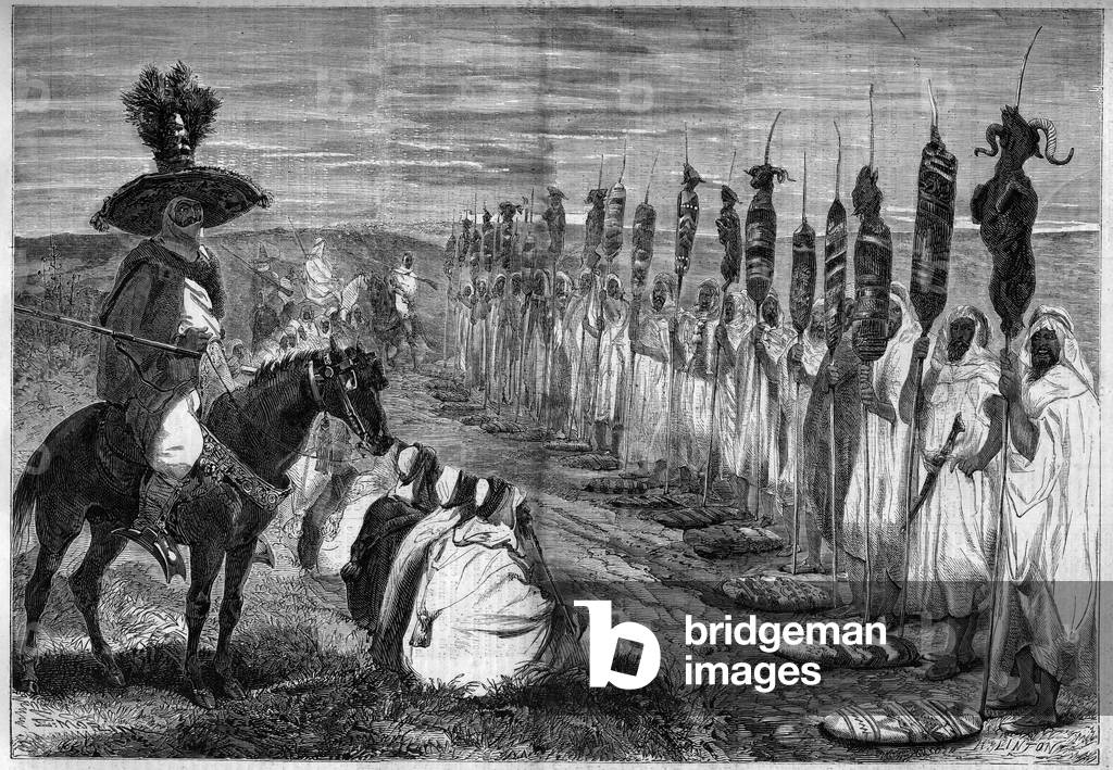 Algerian custom of Diffa: Meal for the visit of Napoleon III and Empress Eugenie to Algiers, 1860 (engraving)