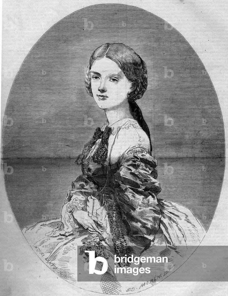 Portrait of Princess Clotilde of Savoy (1843-1911), future wife of Prince Napoleon (1822-1891). Engraving in “” Le Monde Illustré”” n°94 of 29 January 1859.