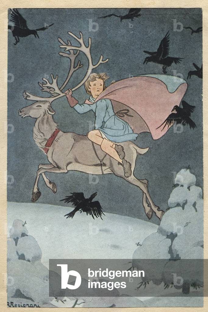 Gerda on the back of the reindeer leave for Lapland, 1945 (print)