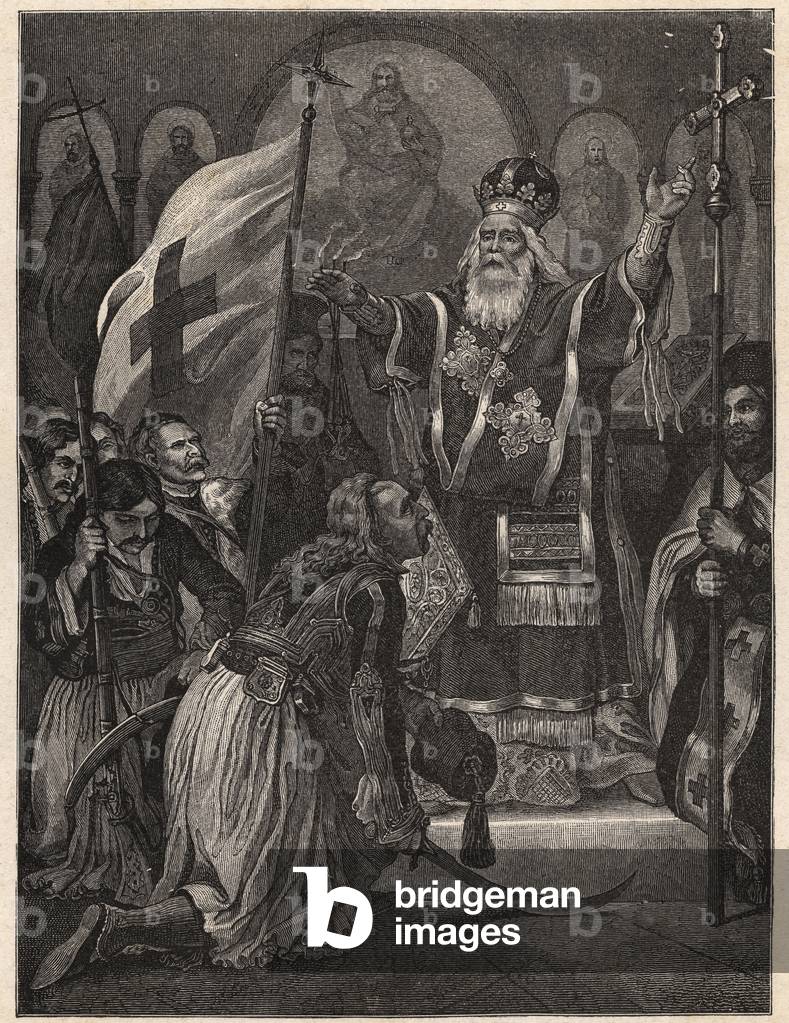 Greek War of Independence 1821 - 1829: bishop Germanos (Germain) III of Old Patras (Georgios Gotzias) blessing the flag of the fight for freedom, Agia Lavra monastery (Sainte Laure du Peloponnese), 21th March 1821 - engraving after painting