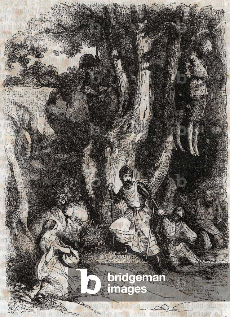 Roland and and the Seven Brigands of the Cave - engraving of 1851 from “” Furious Roland”” (Orlando furioso) (16th century) by Ludovico Ariosto, known as the Ariosta - Edition translated from Italian by the Count of Tressan and published by Gustave Harvard 1851