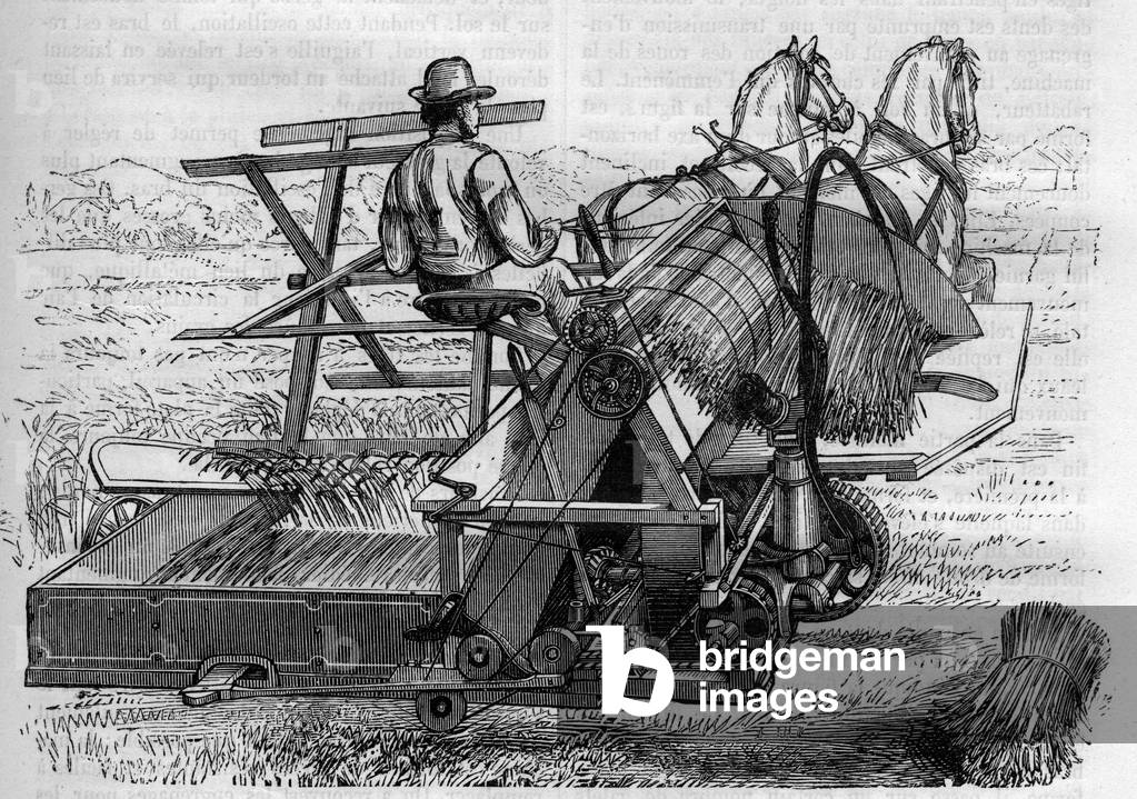 Agriculture and agricultural machinery: a new harvester drawn by horses that automatically bind the sheaves of bles in the fields. Engraving in “” La Nature””, 1878. .