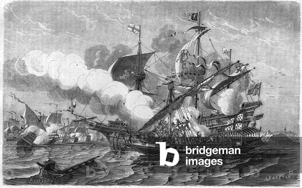 Pregent attacked the English fleet, commanded by Admiral Edouard Howart, April 1513. Engraving of the 19th century.