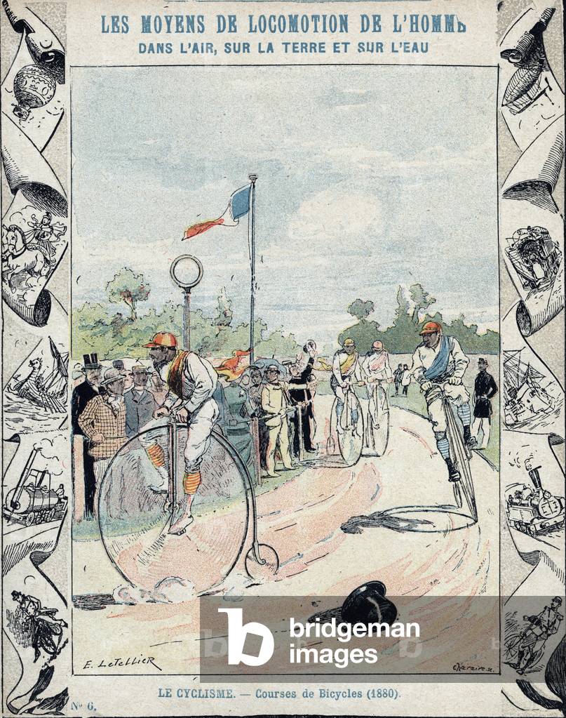 Bicycle race with Ordinary bicycle, 1880 - From a protective sleeve for school books, late 19th century - illustration by E Letellier - Races de bicycles, ou grand bi (grand-bi), 1880 - Protected notebook, end 19th century -