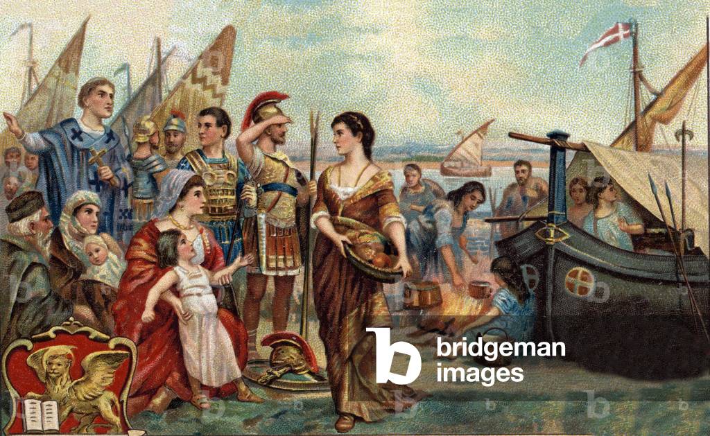 Historical episodes of famous cities: Venetes hunted by the Huns occupy the lagoons (in 452). It is the foundation of Venice - Barbarian Invasions - Chromolithography of the 19th century.