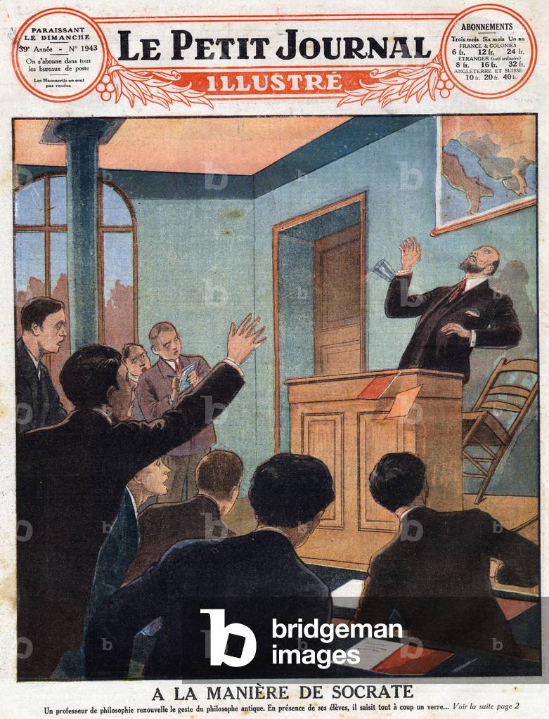 Suicide of a Hungarian philosophy teacher in front of his students. Like Socrates, Leo Bruck drinks a glass of water in which he had put a deadly dose of veronal,  1928.